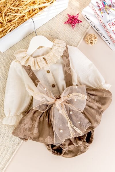 Fisto yakalı Kız Bebek Salopet Elbise Takım