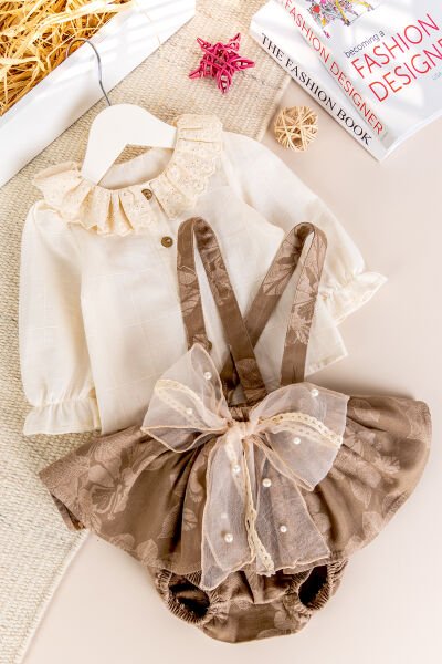 Fisto yakalı Kız Bebek Salopet Elbise Takım