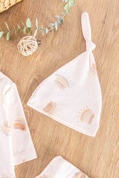 Gökkuşağı Desenli Şapkalı 3'lü Kız Bebek Takım