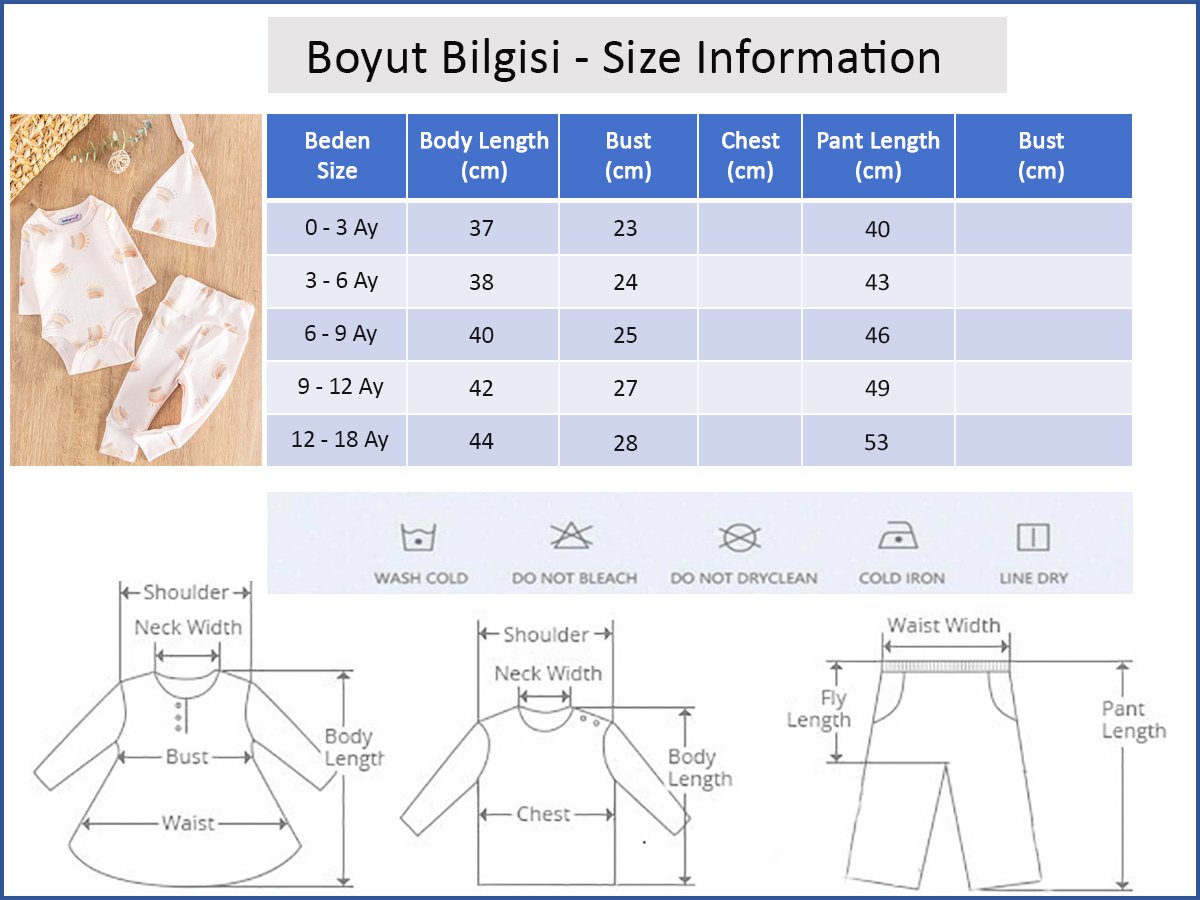 Gökkuşağı Desenli Şapkalı 3'lü Kız Bebek Takım