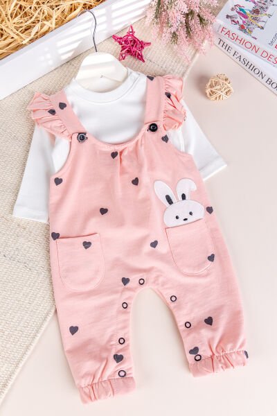 Kalp Desenli Fırfırlı %100 Pamuklu Kız Bebek Penye Tulum Salopet Takım