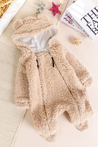 Kapüşonlu Ayıcık Figürlü Welsoft Peluş Kışlık Kız/Erkek Bebek Tulum