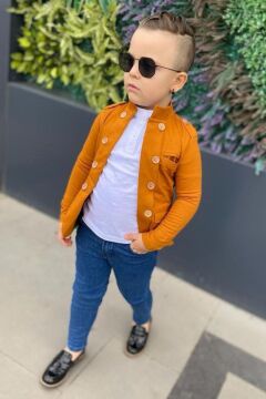 Erkek Çocuk Omzu ve Ceket Yakası Düğme Detaylı Cepli Blazer Ceketli Hardal Alt Üst Takım