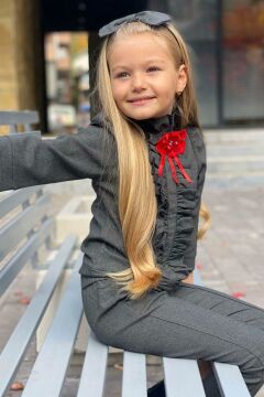 Kız Çocuk Boydan Fırfırlı Broşlu Gri Alt Üst Takım