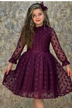 Kız Çocuk Kolları Transparan, Puantiyeli ve Kuşak Detaylı Mor Elbise