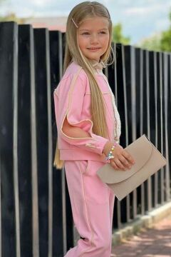 Kız Çocuk New Güpür İşlemeli Bluz ve Şerit Detaylı Pembe Alt Üst Takım