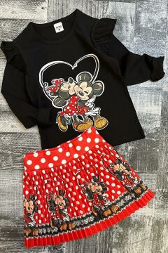 Kız Çocuk Mickey ve Minnie Mouse Baskılı Omzu Fırfırlı Eteği Pileli Siyah Etekli Takım