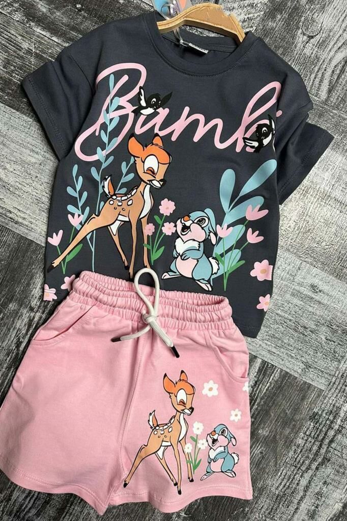 Kız Çocuk Bambi Baskılı Pembe Şortlu Takım