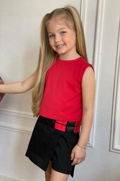 Kız Çocuk Sıfır Kol Bluzlu ve Çift Kemer Detaylı Kırmızı Etekli Takım