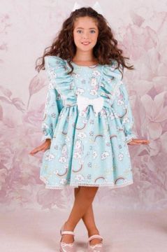 Kız Çocuk Unicorn Baskılı Kolu Fırfırlı İşlemeli Mavi Elbise 3-12 Yaş