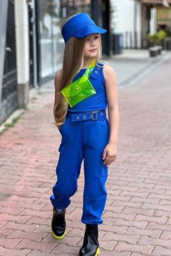 Kız Çocuk Kalın Askılı Kemer Detaylı Bluz Pacası Manşetli ve Kargo Cepli Mavi Alt Üst Takım