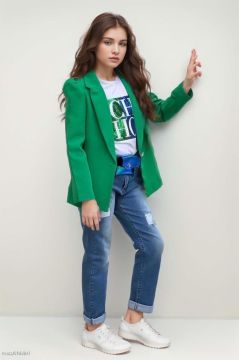 Kız Çocuk Üzeri Harf Pulpayet Tişört ve Jean Yeşil Blazer Ceket Alt Üst Takım