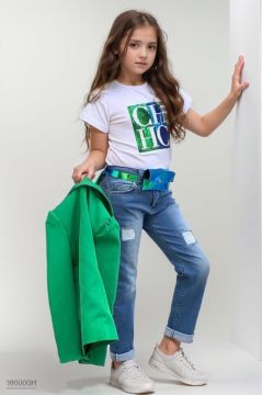 Kız Çocuk Üzeri Harf Pulpayet Tişört ve Jean Yeşil Blazer Ceket Alt Üst Takım
