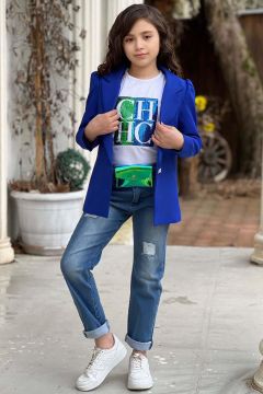 Kız Çocuk Üzeri Harf Pulpayet Tişört ve Jean Saks Mavisi Blazer Ceket Alt Üst Takım