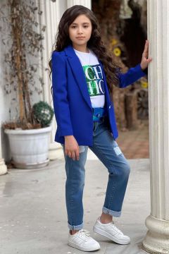 Kız Çocuk Üzeri Harf Pulpayet Tişört ve Jean Saks Mavisi Blazer Ceket Alt Üst Takım