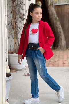 Kız Çocuk Kalp ve Little Baskılı Tişört ve Jean Kırmızı Blazer Ceket Alt Üst Takım