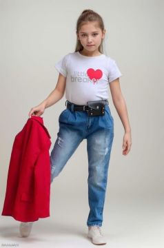 Kız Çocuk Kalp ve Little Baskılı Tişört ve Jean Kırmızı Blazer Ceket Alt Üst Takım