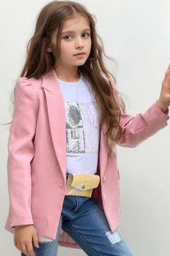 Kız Çocuk Üzeri Harf Pulpayet Tişört ve Jean Pudra Blazer Ceket Alt Üst Takım