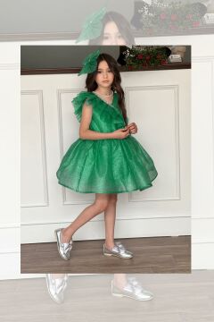 Kız Çocuk Yakası Fırfır Detaylı Taş İşlemeli Simli Yeşil Abiye