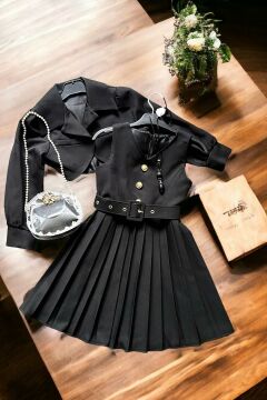 Kız Çocuk Blazer Ceketli V Yakalı Düğmeli Piliseli Siyah Elbise 5-12 Yaş