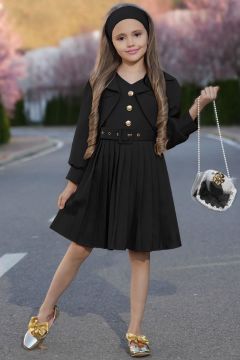 Kız Çocuk Blazer Ceketli V Yakalı Düğmeli Piliseli Siyah Elbise 5-12 Yaş