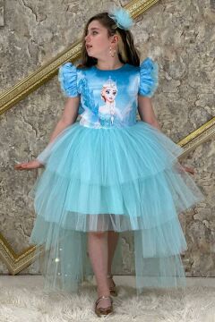 Kız Çocuk Elsa Baskılı Kat Kat Tüllü Arkadan Fiyonk Detaylı Turkuaz Elbise 7-10 Yaş