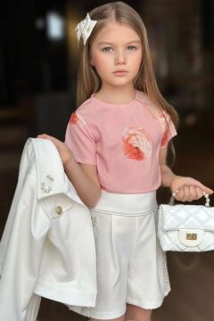 Kız Çocuk İnci Detaylı Güpür İşlemeli Çiçek Baskılı  Beyaz Alt Üst Takım
