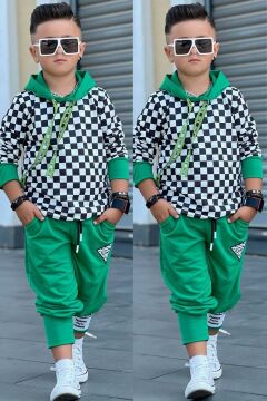Erkek Çocuk Dama Desenli Kalın Şardonlu 3 İplik Kapüşonlu Yeşil Eşofman Takım