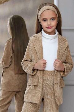 Kız Çocuk Kadife Ceketli Boğazlı Bandanalı Hardal Alt Üst Takım