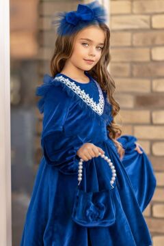 Kız Çocuk Dantel İşlemeli Kadife Mavi Abiye