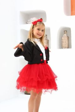 Kız Çocuk İspanyol Kollu Açık Yakalı Ceket Bant Yakalı Bluz Kırmızı Etekli Takım 3-12 Yaş