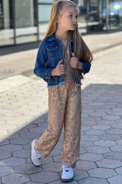 Kız Çocuk Kot Ceket ve Boydan Üzeri Dantel İşlemeli Transparan İçi Astarlı Krem Tulum