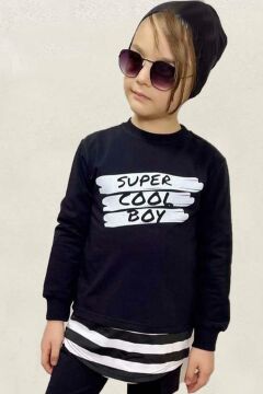 Erkek Çocuk Super Cool Boy Yazı Baskılı ve Şerit Detaylı Siyah Eşofman Takım