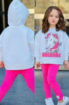 Kız Çocuk Unicorn Baskılı Kapüşonlu Sweatshirt ve Fitilli Pembe Taytlı Takım