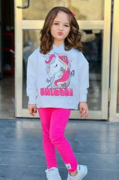 Kız Çocuk Unicorn Baskılı Kapüşonlu Sweatshirt ve Fitilli Pembe Taytlı Takım