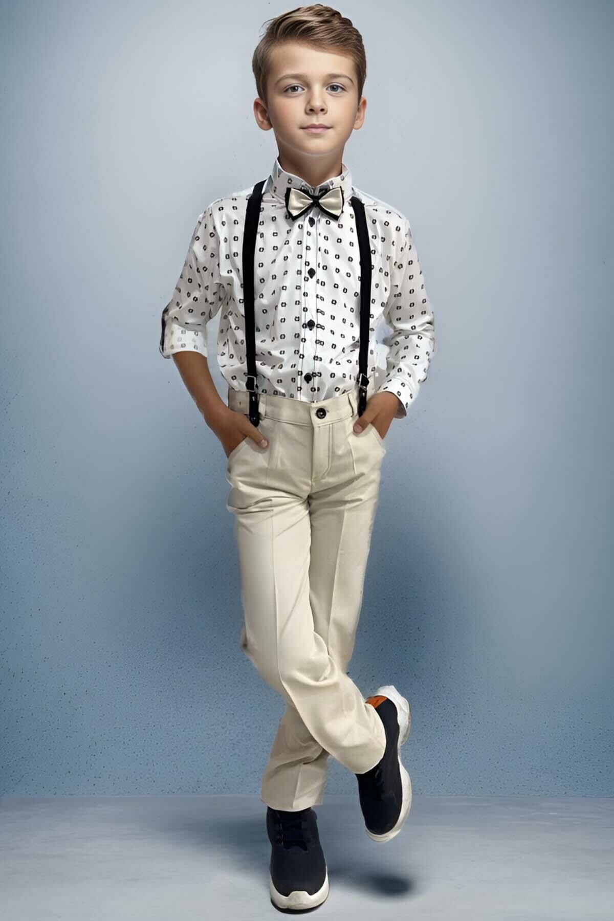 Erkek Çocuk Desenli Gömlek, Papyon ve Askılı Krem Pantolon Alt Üst Takım