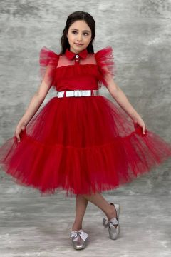 Kız Çocuk Gömlek Yaka Göğsü Ve Kolları Tül Detaylı Wednesday Kırmızı Elbise