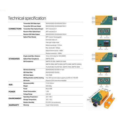 AvMatrix FE1121 12G-SDI Fiber Optic Extender Transmitter/Receiver Set