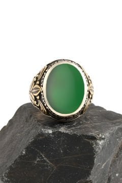 Yeşil Akik Taşlı Gümüş Erkek Yüzük