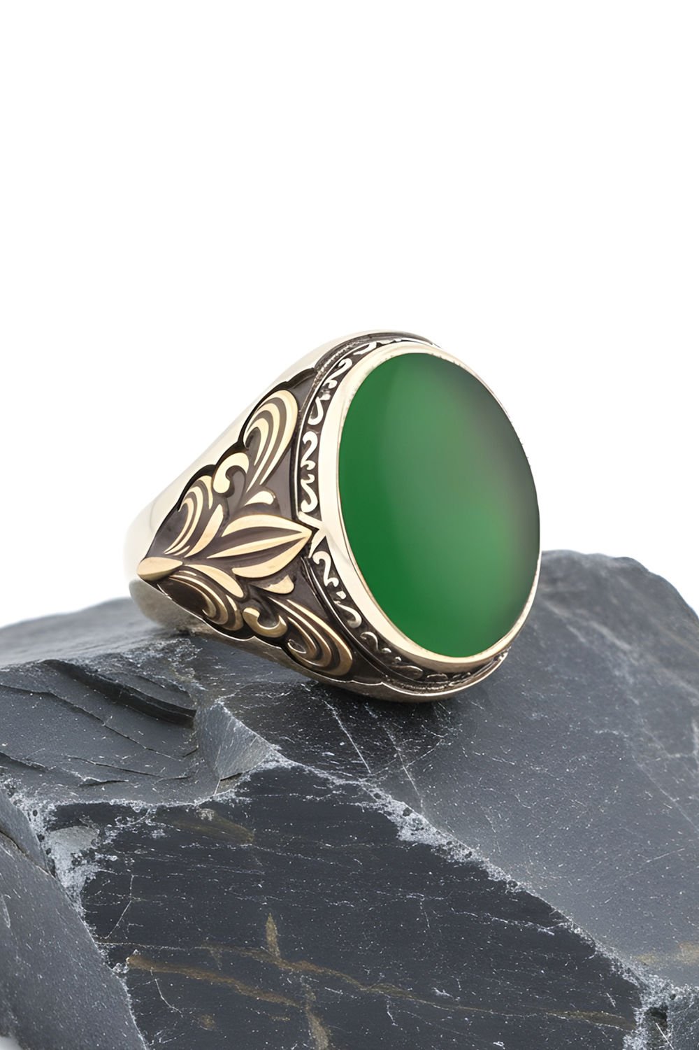Yeşil Akik Taşlı Gümüş Erkek Yüzük