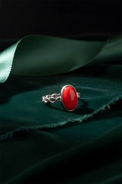 Mercan Taşlı El İşi Minimal Model Gümüş Yüzük