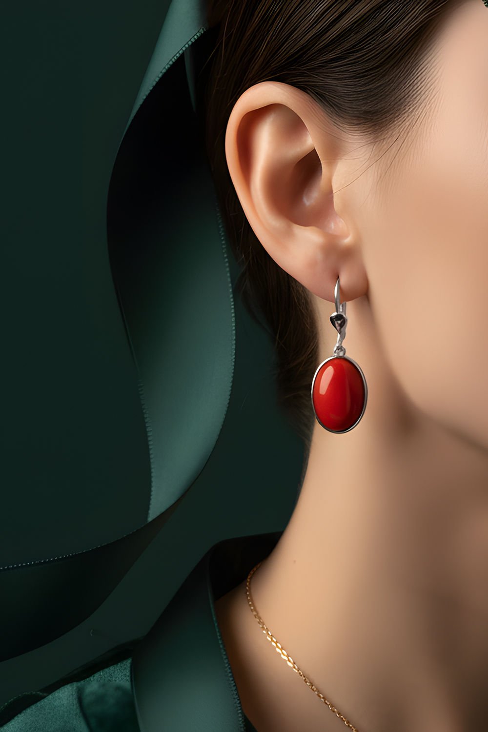 Mercan Taşlı El İşi Minimal Model Gümüş Küpe