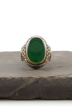 Yeşil Akik Taşlı Berceste Model Gümüş Erkek Yüzük