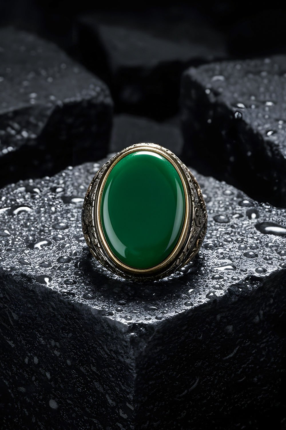 Yeşil Akik Taşlı Gümüş Erkek Yüzük