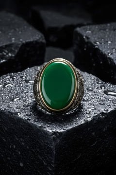 Yeşil Akik Taşlı Gümüş Erkek Yüzük