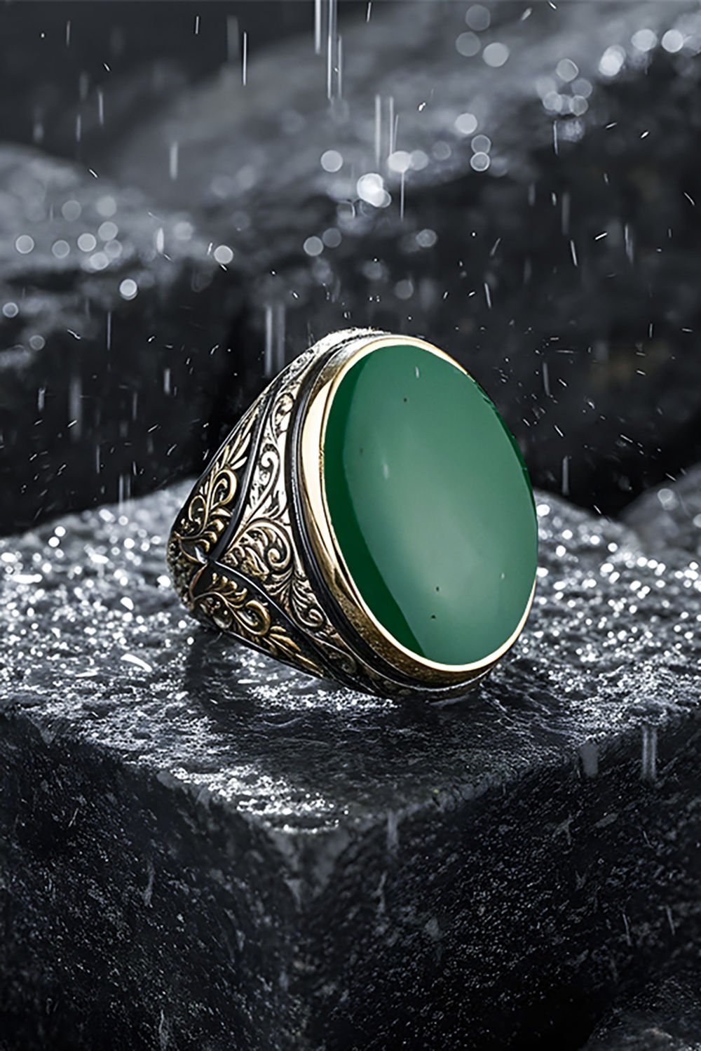 Yeşil Akik Taşlı Gümüş Erkek Yüzük