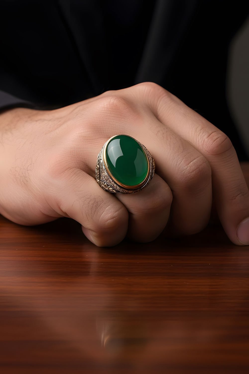 Yeşil Akik Taşlı Gümüş Erkek Yüzük