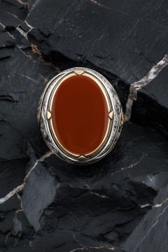 Akik Taşlı Büyük Boy Gravür Sarmaşık Model Yüzük