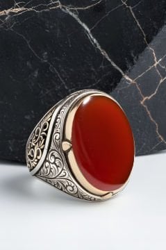 Akik Taşlı Büyük Boy Gravür Sarmaşık Model Yüzük