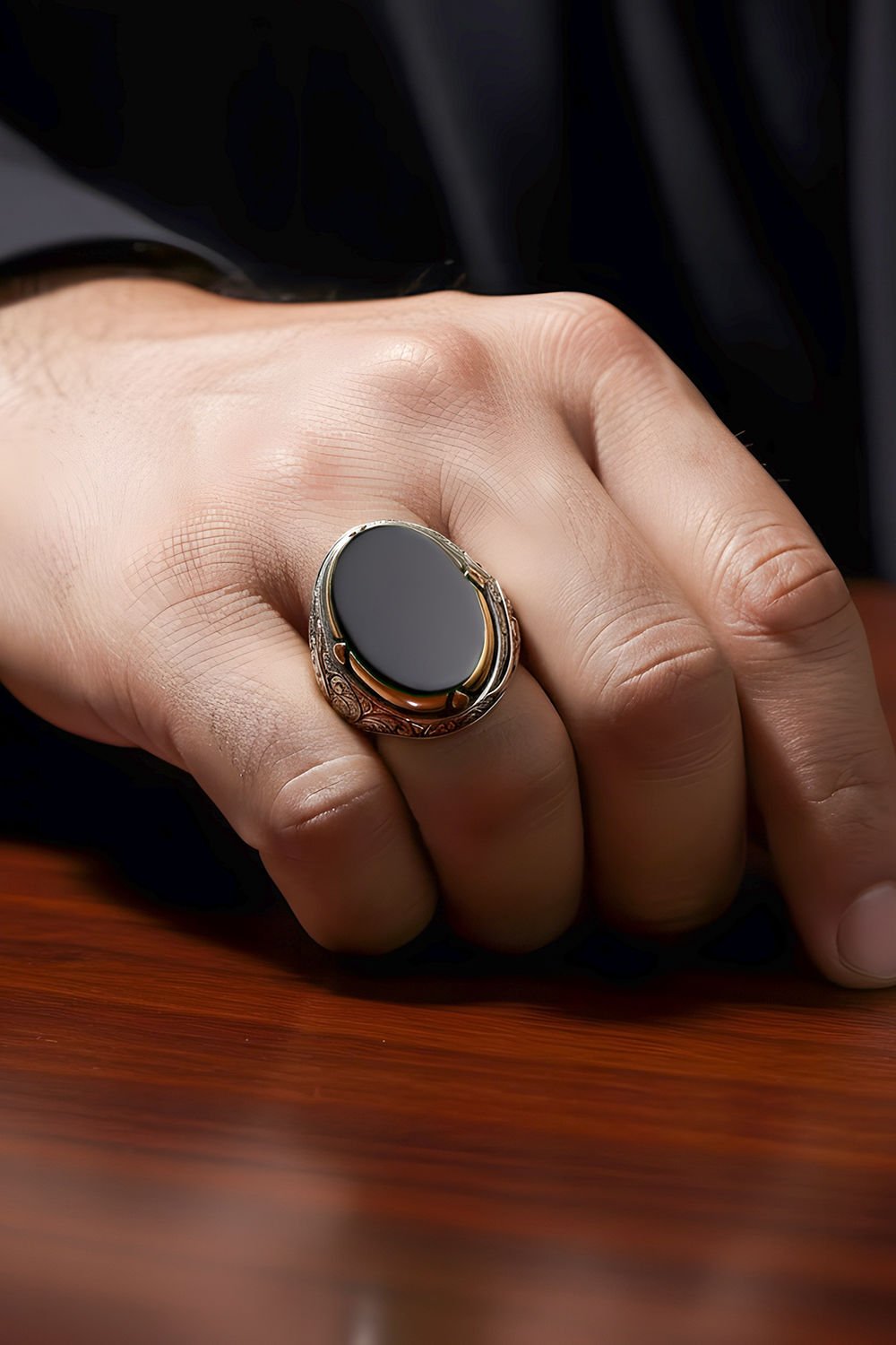 Oniks Taşlı Büyük Boy Gravür Sarmaşık Yüzük